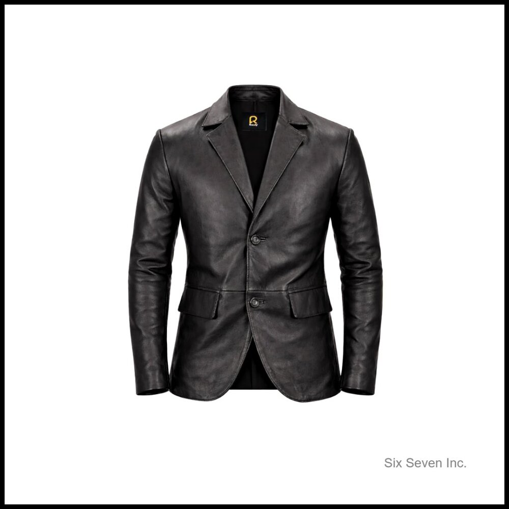 Real Lambskin Leather Blazer Notched Collar Button Closure Casual Coat